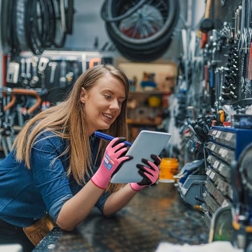 Image of KAYGO Work Gloves PU Coated for Men and Women, 12 Pairs Safety Work Gloves with Two Fingers Touchscreen, Breathable and Lightweight,Ideal for Light Warehouse, Manufacturing, Gardening, KG11P (S,Pink)