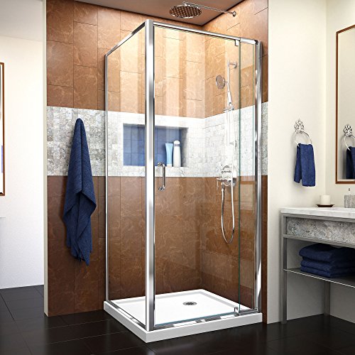 32 x 32 shower stall kit - DreamLine Flex 32 in. D x 32 in. W x 74 3/4 in. H Semi-Frameless Pivot Shower Enclosure in Chrome with Corner Drain White Base, DL-6714-01CL