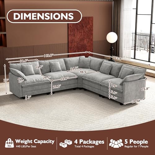 Image of Ihanherry 114 inch V-Shaped Modern Sofa Modular Sectional Cloud Couch with Corner Section, 5-Seat Chenille Deep Seat Sofa with 5 Pillows for Living Room, Bedroom and Apartment, Grey