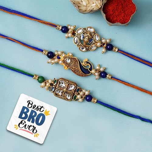 Image of eCraftIndia Set of 3 Lord Ganesha Peacock Floral Kundan Designer Rakhi for Brother with Best Bro Ever Fridge Magnet & Roli Chawal Pack | Raksha Bandhan Rakhi Combo | Traditional Festive Thread Set