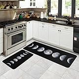 Protikol Moon Kitchen Rugs Set 2 Pieces Black Non Skid Kitchen Floor Rug and Mat Kitchen Runner Rug