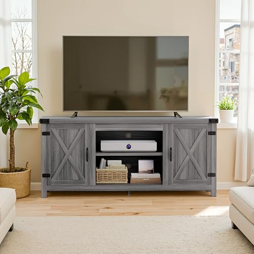 YESHOMY Modern Farmhouse TV Stand with Two Barn Doors and Storage Cabinets for Televisions up to 65+ Inch,Entertainment Center Console Table,Media Furniture for Living Room, Grey