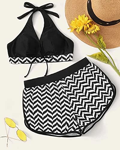 Tuopuda Traje de baño de Mujer de Dos Piezas Push Up Floral Halter Tankini Set con Shorts Bikini de Traje de baño Deportivo de Cintura Alta para el Mar Playa Piscina Fiesta Vacaciones(Negro,M)