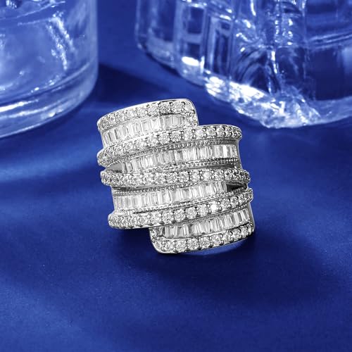 MDFUN 4 Rows Emerald Cut Cubic Zirconia Rings 18K White Gold/Yellow Gold Plated Statement Halo Eternity Wedding Ring Baguette Band for Women Size 5-104