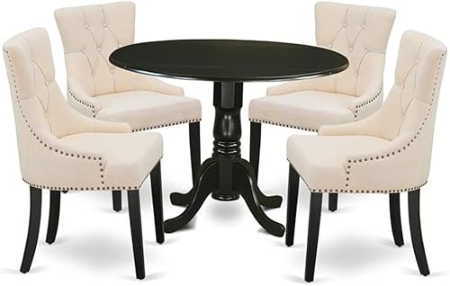 East West Furniture DLFR5-BLK-02 - Juego de mesa de comedor moderno de 5 piezas, incluye una mesa redonda de madera con gotas y 4 sillas tapizadas