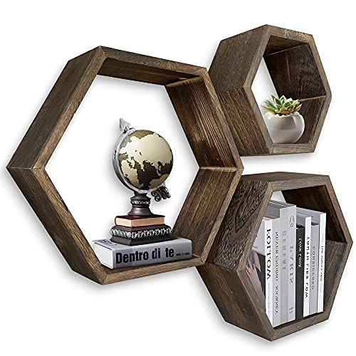 MRGL Hexagon Floating Shelves Set of 3, Honeycomb Shelves, Wall Mounted Geometric Hexagon Shelves, Natural Wood, Includes All Hanging Hardware, Rustic Brown