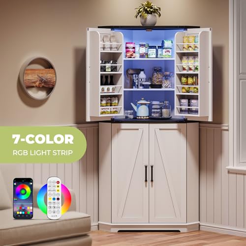 Image of Dripex 71 inch Corner Cabinet White, Farmhouse Kitchen Pantry Cabinet with Doors Storage & Adjustable Shelves, Tall Corner Storage Cabinet with LED Light, Food Pantry for Living Room, Dining Room