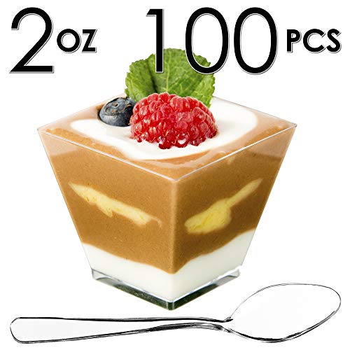 DLux 100 x 2 oz Mini Dessert Cups with Spoons, Square Short