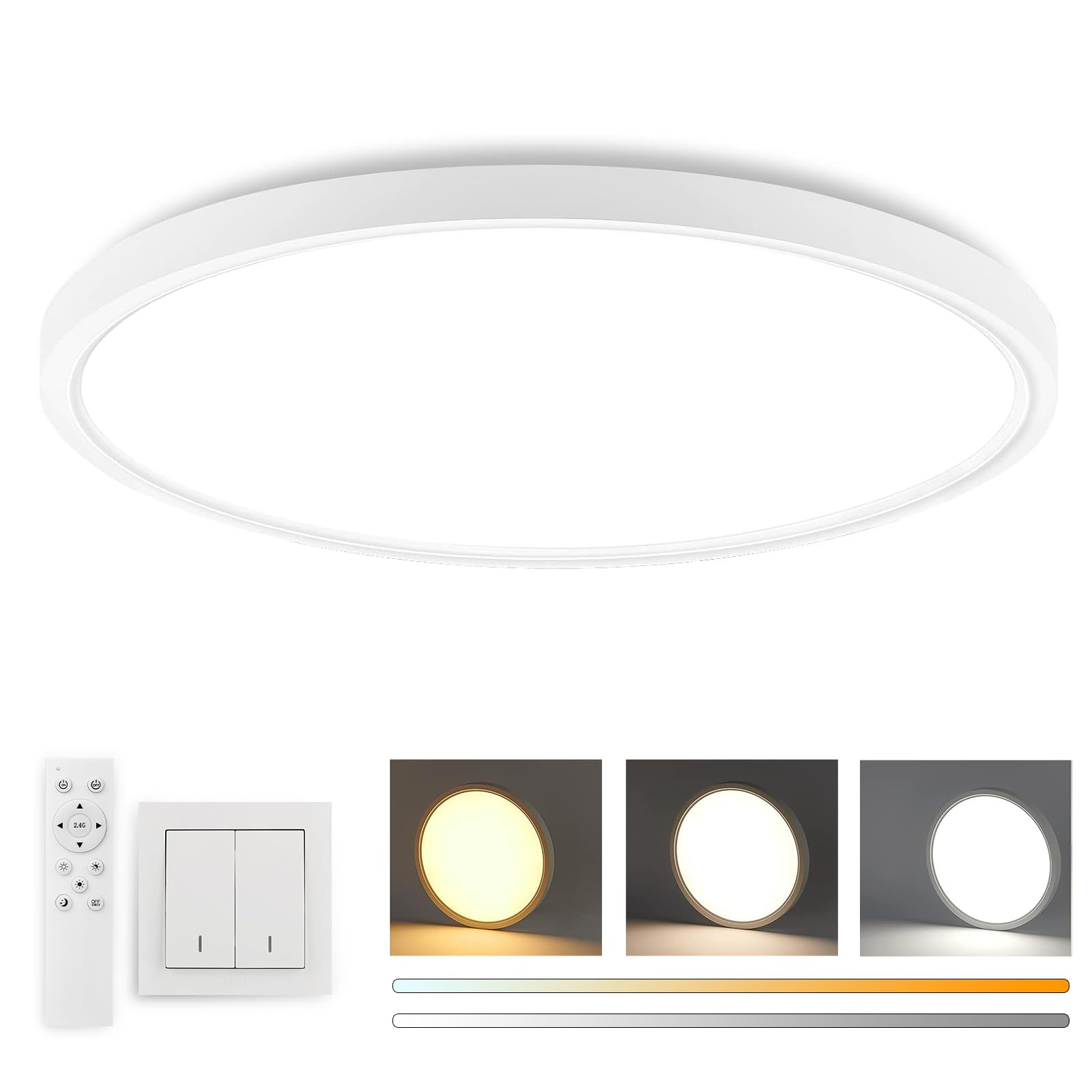KEPTHT Dimmable LED Flush Mount Ceiling Light Fixture with Remote Control, 24W 3000K-6500K Light Color Adjustable, Modern Ultra-Thin Ceiling Lamp for for Bedroom, Living Room, Dining Room