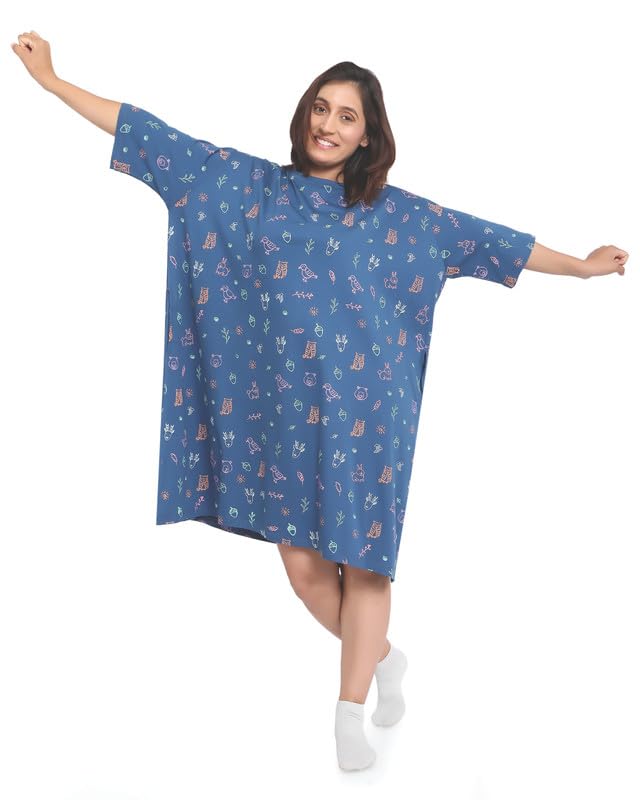 Image of LAMA STORE Women's Printed Oversized T-Shirt Dress, Cotton, 3 /4 Sleeve Length, Casual Loose Fit, Comfort Wear Extra Comfy Oversized Printed Pocket T-Shirt Dress
