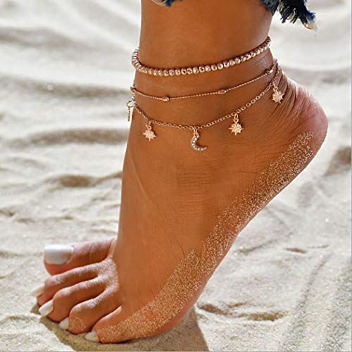 Jeweky Boho Three Layered Crystal Anklets Gold Moon Ankle Bracelets Chain Beach Foot Jewelry for Women and Girls