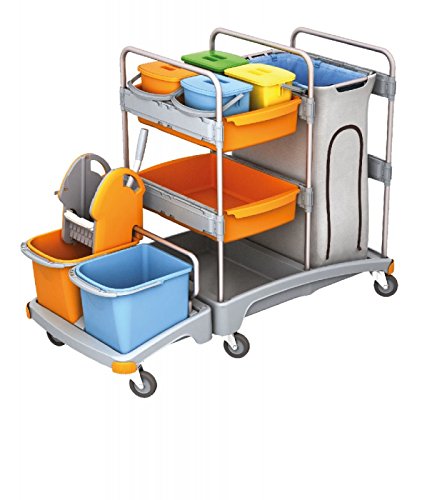 Sistema de limpieza Splast móvil de plástico con{6} cubos, soporte para bolsas de basura y escurridor fregona