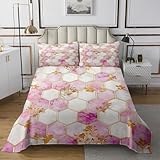 feelingyou Marmor Honeycomb Bettdecke 2pcs Geometrisches Sechseckmuster Coverlet Quilt für Kinder Teens Erwachsene Hübsche Blumenblätter Dekor Rosa Bettwäsche Set S Größe