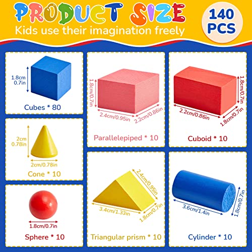 Image of 140 Pcs Mini 3D Shapes for Teaching, Wood Building Geometric Solids Blocks | Classroom Manipulatives for Elementary School Geometry Math Kindergarten Preschool Learning, Montessori Stacking Toy