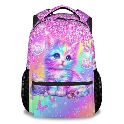 CuziBloom Cat Backpack for Girls Kids Schoolbag with Pocket - Animal Bookbag with Cat Print for Granddaughter Elementary Middle School Students (17 Inch)