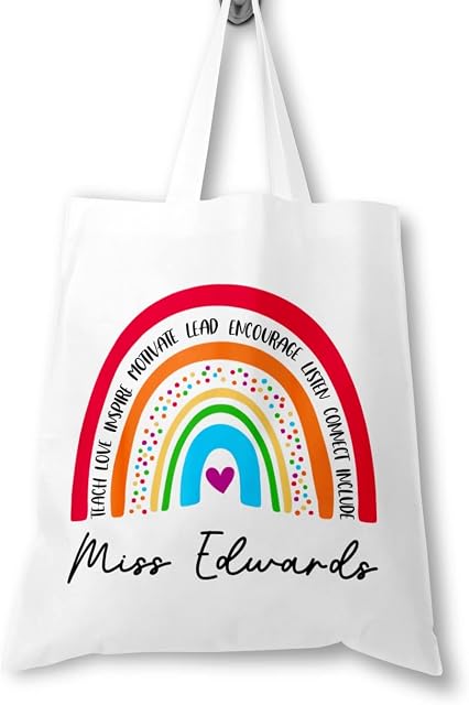 Personalised Teacher Bag with Customisable Name, Teacher Gifts, Custom Leaving End of Term Gift, Custom Teacher Tote Bag with Any Name, Rainbow Tote Bag, School Leaving Gift