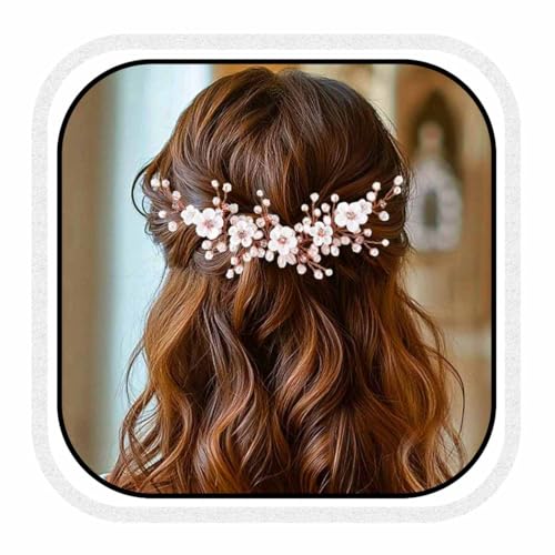Unicra Blumen Haarschmuck Hochzeit Kopfschmuck Perlen Hochzeit Haarschmuck Braut Kristall Braut Kopfbedeckung(Roségold)