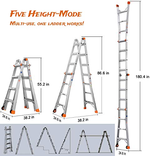 Telescoping Ladder TACKLIFE, 17ft Aluminum Multi-Use Ladder with Protective Lock and 2 Wheels, 300lb Max Duty and Non-Slip Foot Pad, 5 Height Modes, Suitable for Home/Working