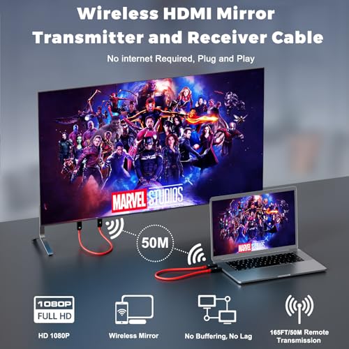 HDMI sans Fil, Transmetteur HDMI sans Fil avec Emetteur et Récepteur pour Streaming TV, Streaming Réunion, 1080p HDMI Extender sans Fil 2,4/5 GHz pour Ordinateur Portable, Home Cinéma (Rouge)