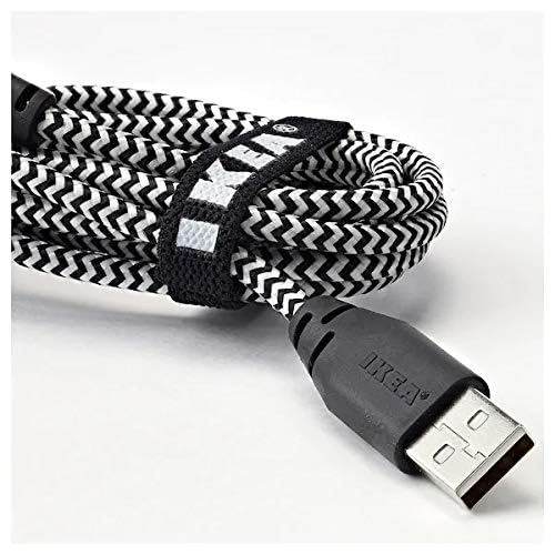 Close-up of coiled Ikea LILLHULT cable with integrated cable tie and USB-A connector