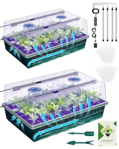 2PCS 120 Cell Self-Watering Seed Starter Tray Kit with Grow Light Humidity Dome 120-Cell Large Plant Seedling Tray 3 Color Growing Light Seed Starting Trays for Plant Germination2PCS 120 Cell