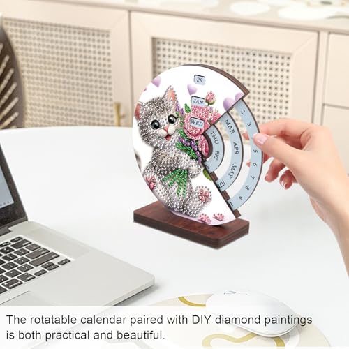 Image of AiYuanzsh 3D Diamond Art Tabletop Perpetual Calendar Kit, DIY Wooden Desktop Ornament with Cute Cat Design, Sparkling Diamond Painting Desk Decoration Gift for Home & Office