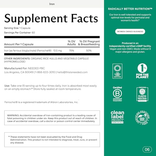 Image of Needed. Prenatal Iron Supplement - Pregnancy, Breastfeeding, Postpartum - Aids Energy, Birth Weight & Baby's Neural Development - Non-Constipating & Gentle on Stomach - Flexible Dosing for Pregnancy