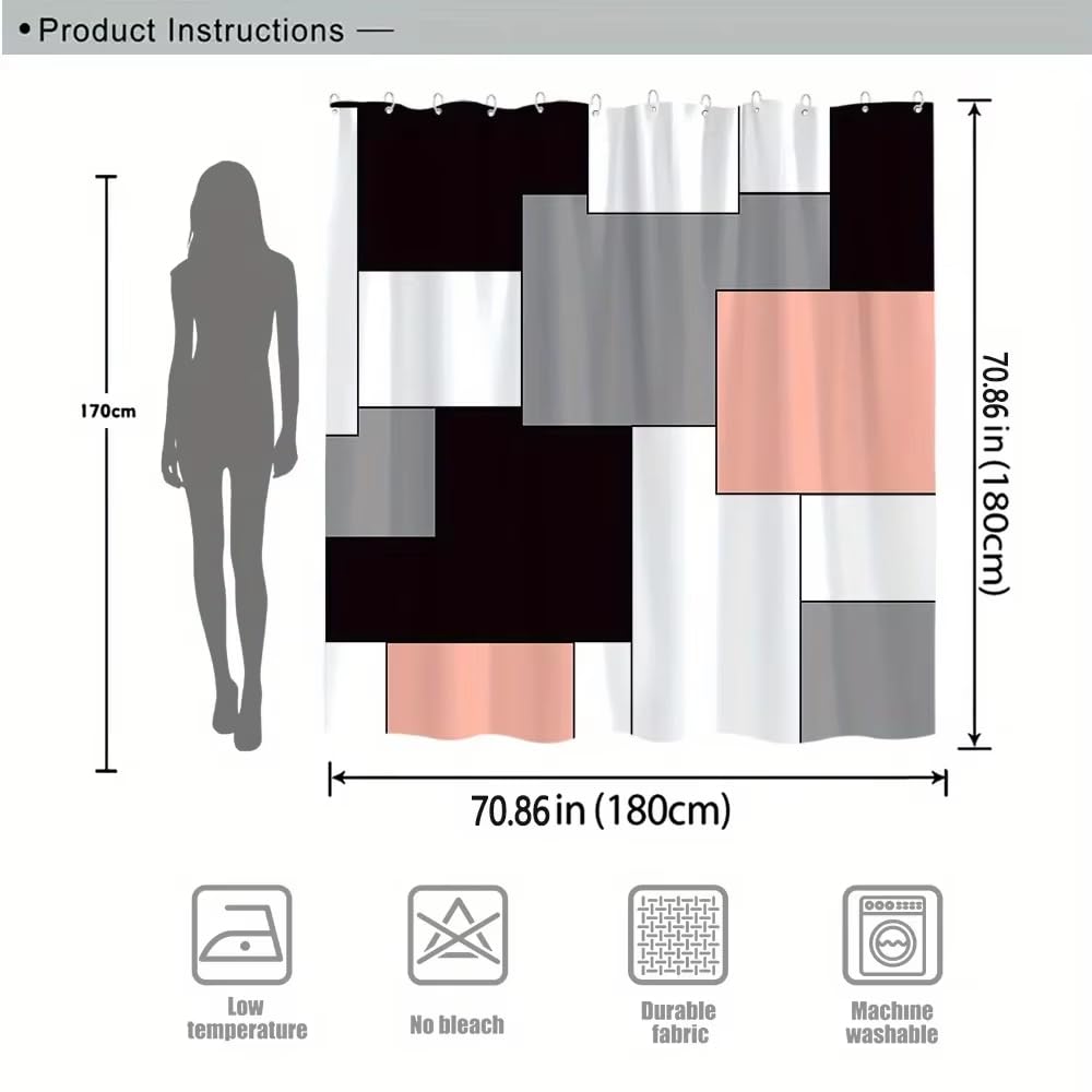 Moderne Duschvorhänge mit geometrischem, abstraktem Quadratmuster – Schwarz, Weiß, Grau, Pfirsichfarben, maschinenwaschbar, zeitgenössische Badezimmerdekoration (230 x 200 cm/B x H)
