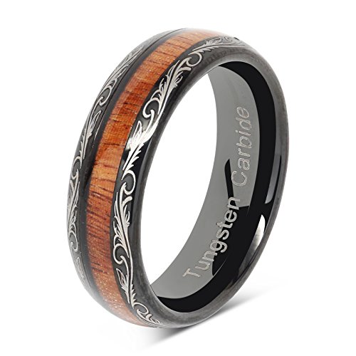 100S JEWELRY 6mm Mens Womens Black Wedding Bands Tungsten Ring Koa Wood Inlaid Silver Scroll Comfort Fit Size 5-13 (10)