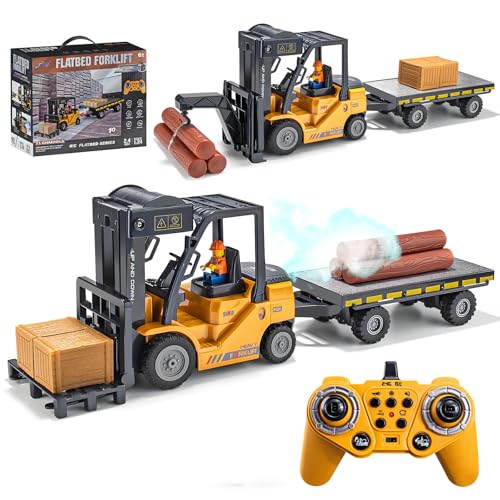 VijiSuki 2.4Ghz Remote Control Forklift with Trailer,RC Forklift Truck with Spray, Cool Lights,Sound,1/24 Scale 11 Channel Rechargeable Construction Toys Set with Flatbed Truck,Best Gift for Kids