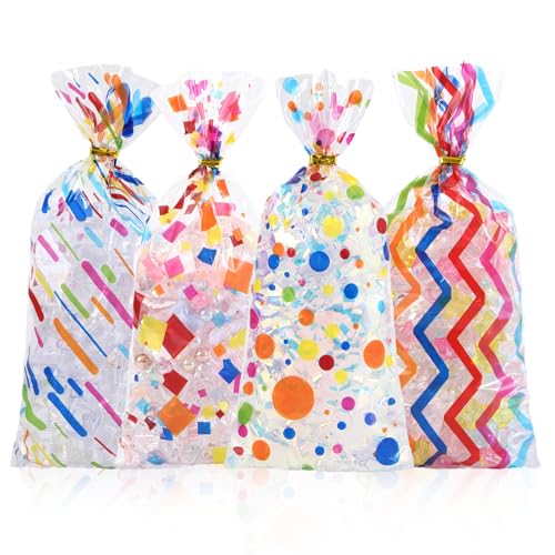 LEOSINDA Paquete de 100 bolsas de celofán arcoíris, bolsas de plástico para dulces de 5 x 11 pulgadas con lazos giratorios para el día de San Valentín y regalos de cumpleaños, galletas, bodas