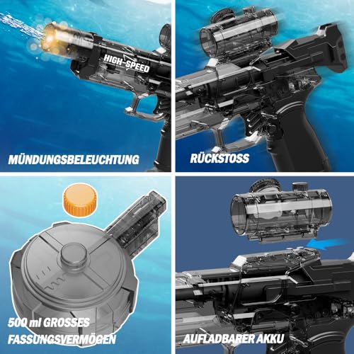 مسدس ماء كهربائي مع تأثيرات ضوء لهب واقعية، ارتداد محاكي قابل لإعادة الشحن، مسدس ماء اوتوماتيك لحمام السباحة في الصيف للأطفال والبالغين
