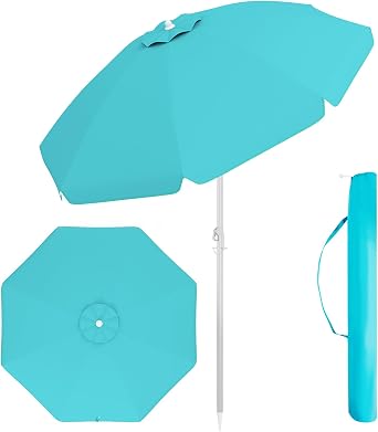 HAPPYGRILL 6.5 FT Beach Umbrella with Sand Anchor & Push Button Tilt | Portable Outdoor Patio Umbrella w/Sun Protection, Carrying Bag, Vented Top, Sunshade Canopy for Deck Pool Backyard,