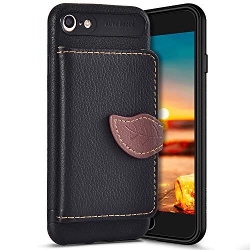 Robinsoni Case Compatible with iPhone 7 Phone Case Wallet iPhone 8 Leather PC Phone Cover Shockproof Kickstand Case Flip Note Book Style Phone Cover Heavy Duty Case Hard Case Leaf Black
