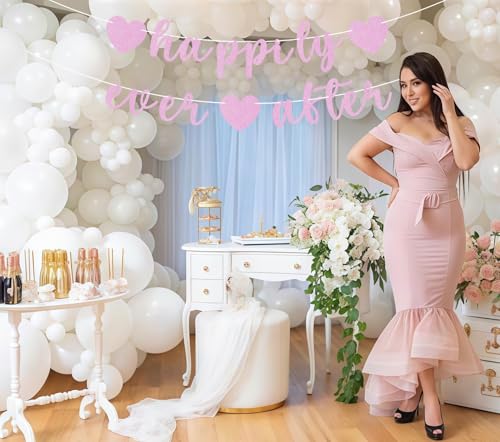 Image of Pre-Strung Happily Ever After Banner - Pink Glitter Bachelorette Bridal Engagement Party Decoration Supplies, Bachelorette Wedding Party Banner for Engagement, Bridal Shower, Wedding Party Photo Booth Props