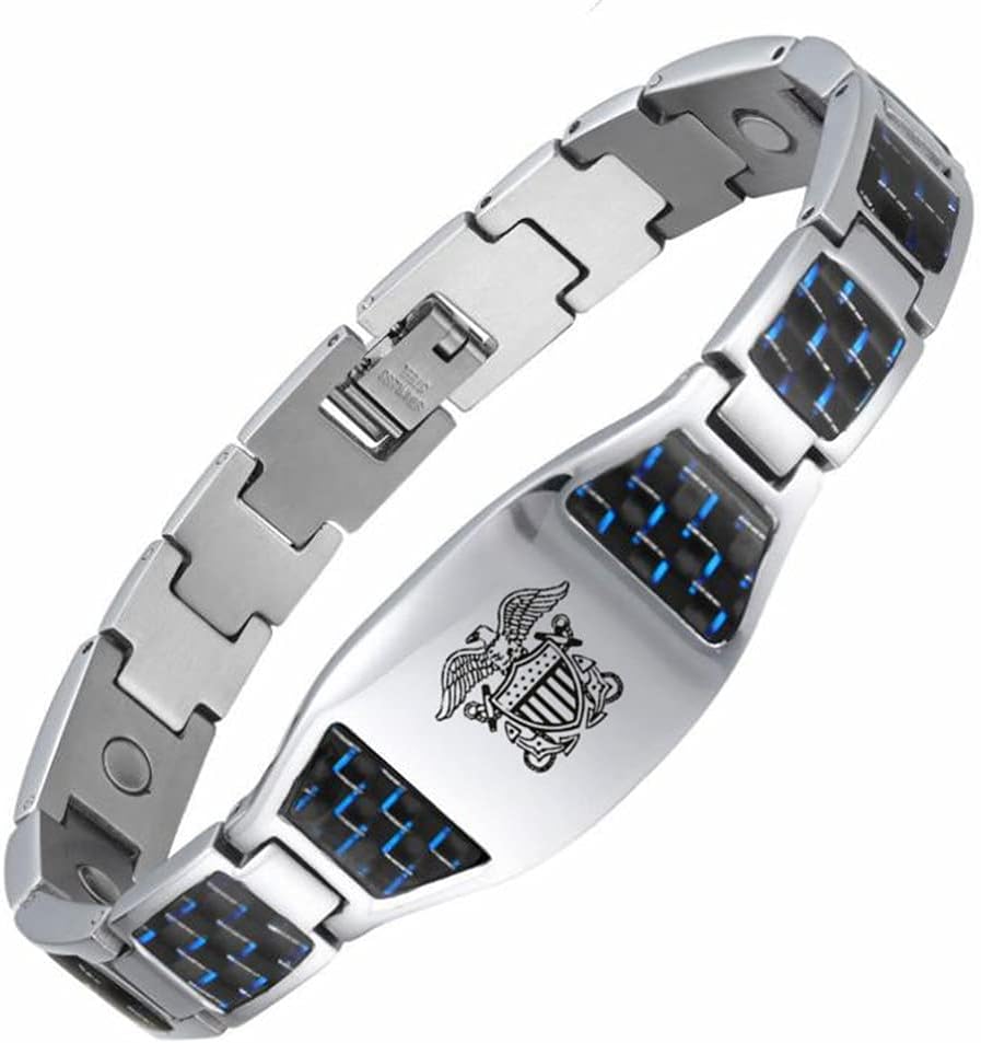 LiFashion US Military Bracelet for Men Stainless Steel Armed Forces Military Gifts U.S. Army Navy Marine Corps Air-force Policeman Link Bracelets with Carbon Fiber Jewelry for Dad,Boyfriend,Husband