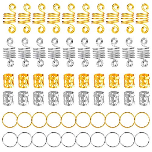 Beautywin 60 Pieces Alloy Hair Coil Dreadlocks Braid Rings Metal Cuffs Gold Silver Twisted Spring for Hair Jewelry Decoration Accessories