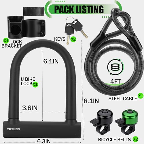 Tosuod Oversized Bike U Lock Set Heavy Duty Anti Theft Bike Locks With Steel Cable Bicycle U Lock With Keys Bike Bells And Sturdy Mounting Bracket thumb #1