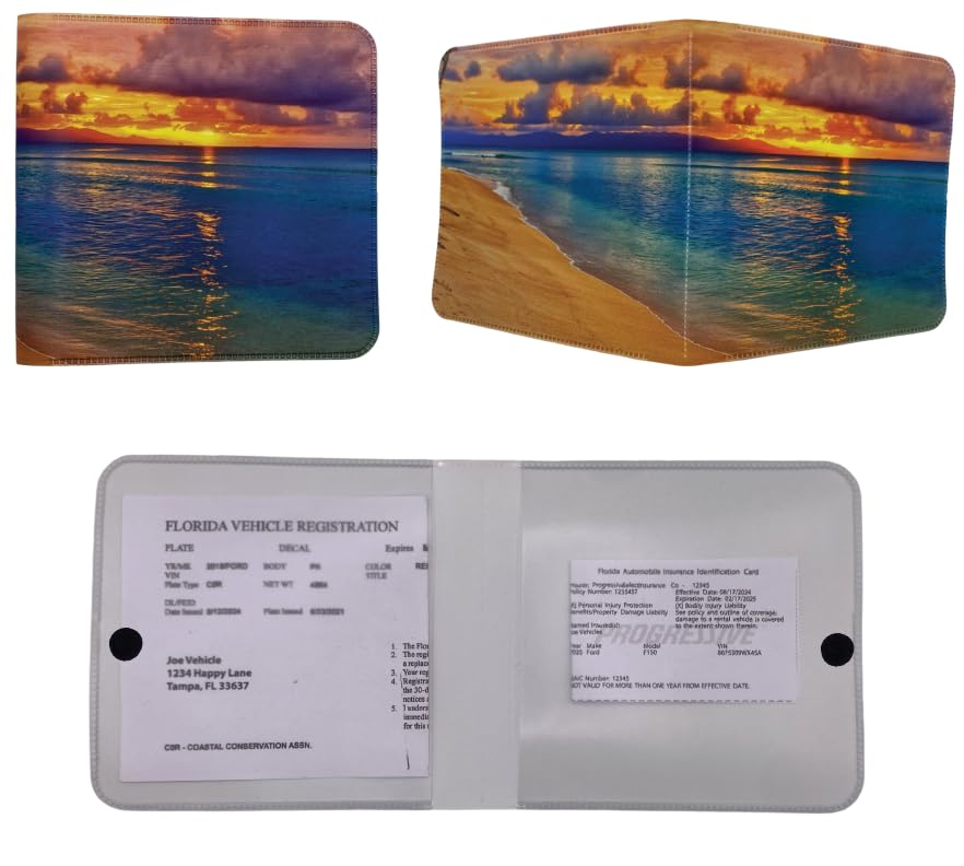 Stuart Promotional Products Registration & Insurance Card Document Holder for Vehicle - Made with a Beach Sunset Patterned Vinyl- Durable Car