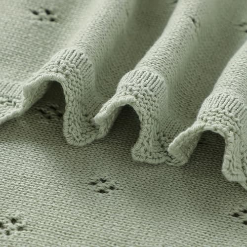 Image of mimixiong Cotton Baby Blanket Knitted Crochet Receiving Crib | Nursery Swaddling Blankets for Newborn Baby Boy Girl Sage Green 30x40 Inch