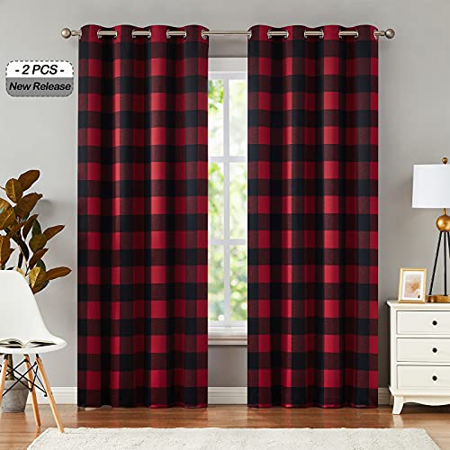 Melodieux Buffalo Check Plaid Blackout Curtains 63 Inch Length for Bedroom, Living Room Thermal Insulated Room Darkening Grommet Drapes, Black Red, 50 x 63 Inch, 2 Panels