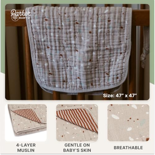 Image of Parker Baby Muslin Blanket | 100% Soft Cotton Toddler Quilt & Baby Muslin Swaddle | Gender Neutral Design 47 inch x 47 inch Blanket