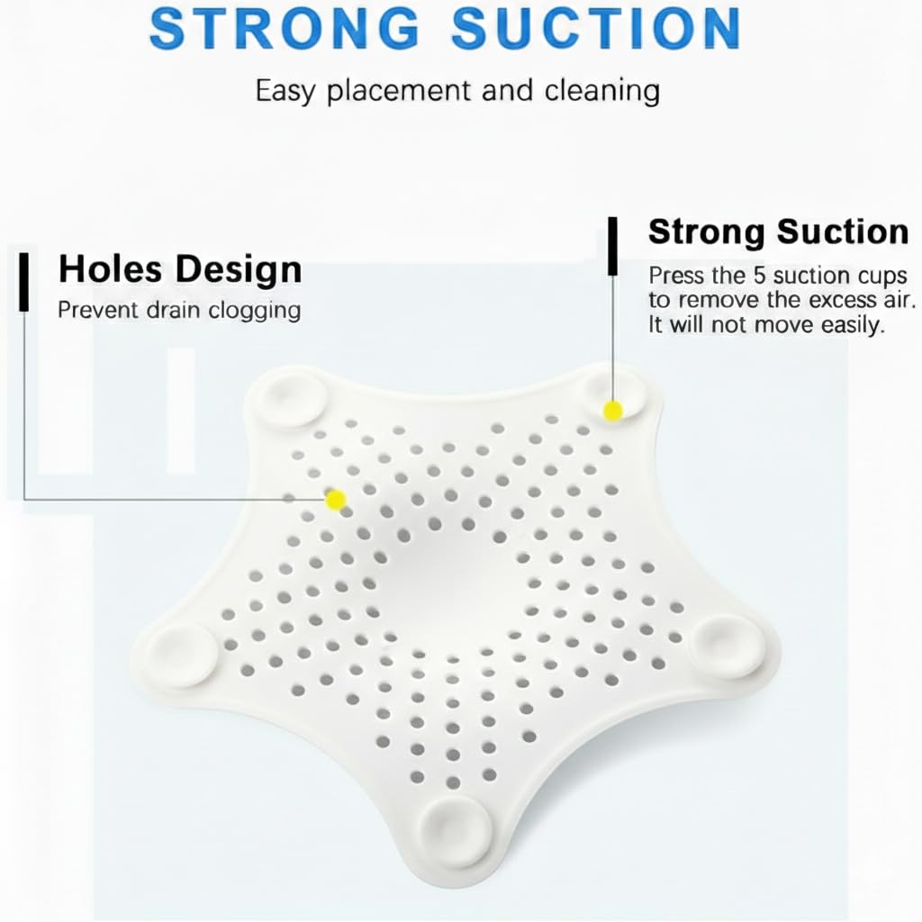 Drain Hair Catcher 3 Pack - Star Shaped Silicone Drain Cover with Strong Suction Cups - Kitchen Bathroom Shower - Prevents Clogs - 5.9 Inch (White) - 5