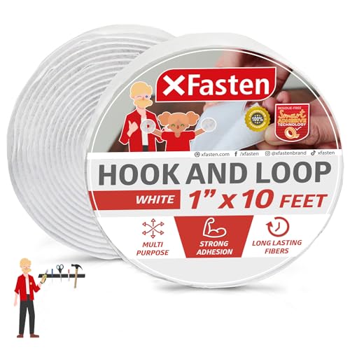 Hook and Loop Roll, White, 1-in x 10-Ft Hook and Loop Tape Heavy Duty Strips with Adhesive, Fastening Strips with Adhesive for Fabric, Tools - XFasten