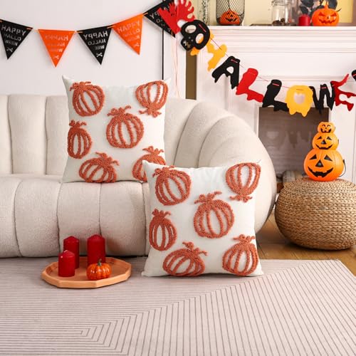Tosleo Halloween Throw Pillow Covers 18x18 inch Set of 2 Halloween Orange Pumpkins Embroidered Pillow Cases Thanksgiving Home Party Pumpkin Fall Decor Pillowcases Square Cushion Covers