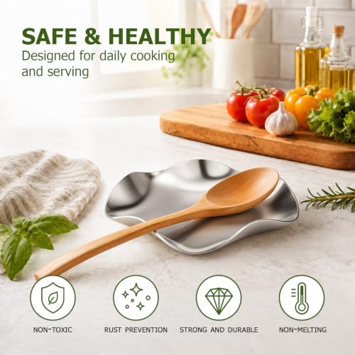 Image of VanlonPro Stainless Steel Spoon Rest, Spatula Ladle Holder, Stainless Steel Utensil Spoon Rest Holder, Brushed Finish, Dishwasher Safe 5.9 Inch (Flower Silver 1PC)