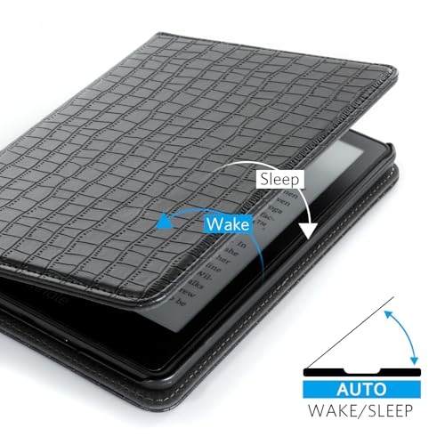 Image of CoBak Case for 6 inch E-Reader - PU Leather Smart Cover with Auto Sleep /Wake & Hand Strap, not Compatible with Kobo Clara, Croco Black