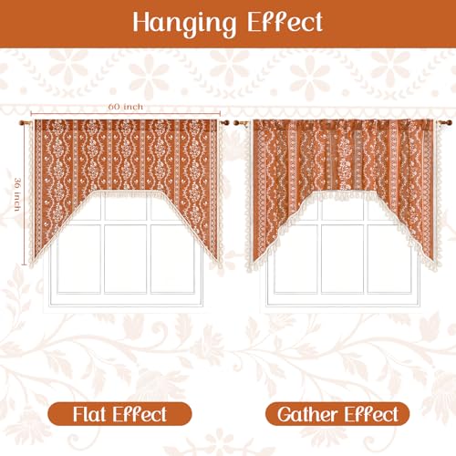 Image of Yinhua Boho Swag Valance Curtains Vintage Linen Valances for Windows Light Filtering Floral Kitchen Valance Rod Pocket Farmhouse Rustic Tassel Window Valances for Bathroom Cafe, 60 inch W x 36 inch L, Orange