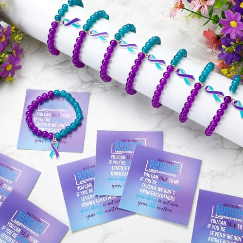 Image of Huquary 12 Pcs Suicide Prevention Awareness Bracelets Gifts Bulk Teal and Purple Natural Stone Ribbon Bracelets for Suicide Prevention Depression Awareness Gift