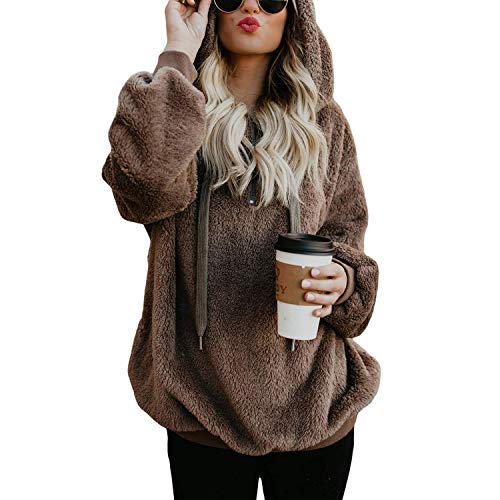 Zando Womens Hoodies Fuzzy Pullover - Oversized Fleece Sweatshirt Sherpa Hooded with Pockets Fluffy Hoodies Outwear Brown Large
